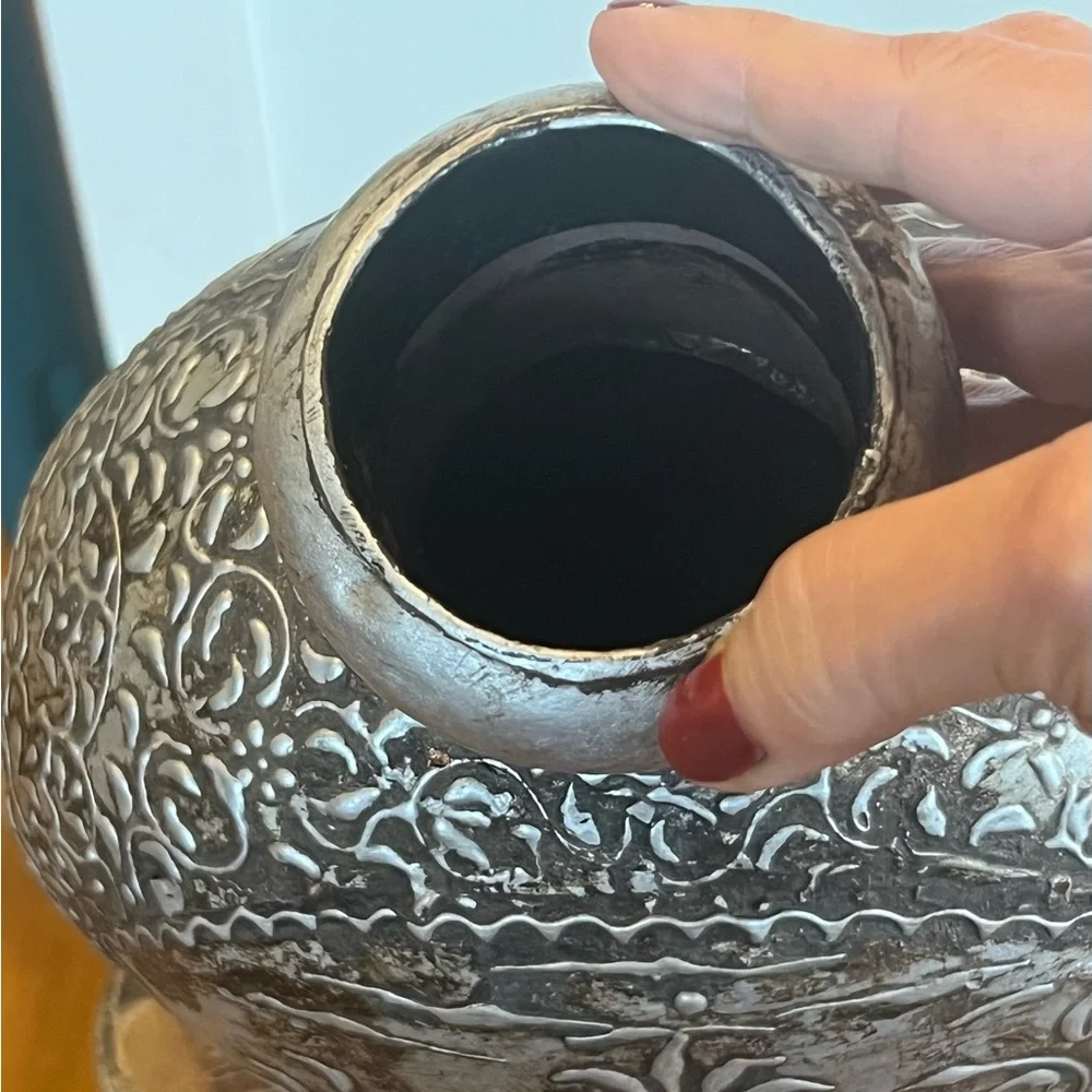 Antique metal relief pattern water vessel vase